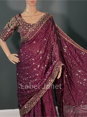 Embellished Maroon Saree with stitched blouse (36” - 42”)& Brand new